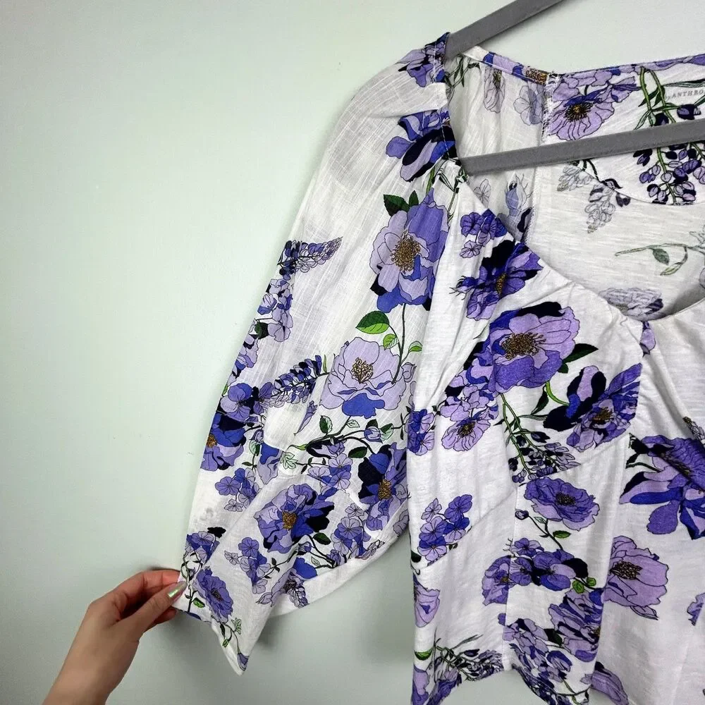 Anthropologie Purple White Floral Ruched Balloon Sleeve Top Cotton Knit Boho M